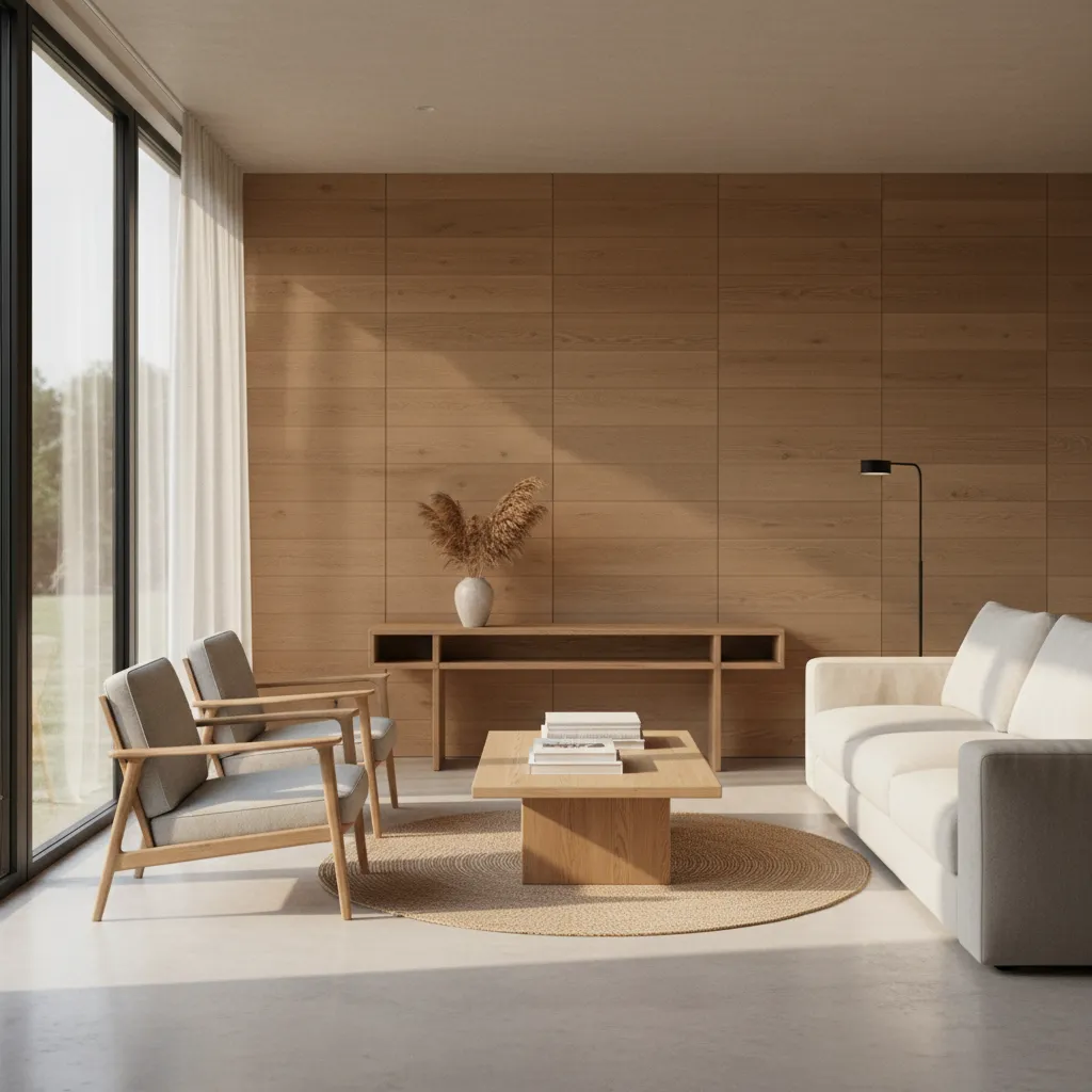 Modern living room with wood panel wall, white sofa, two grey chairs, and round rug
