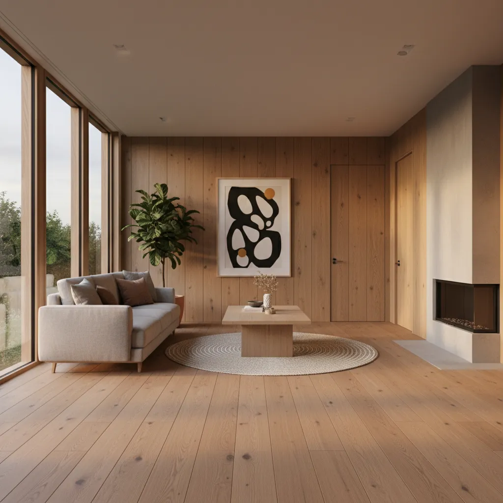 Interior de salón con suelo y paneles de madera natural