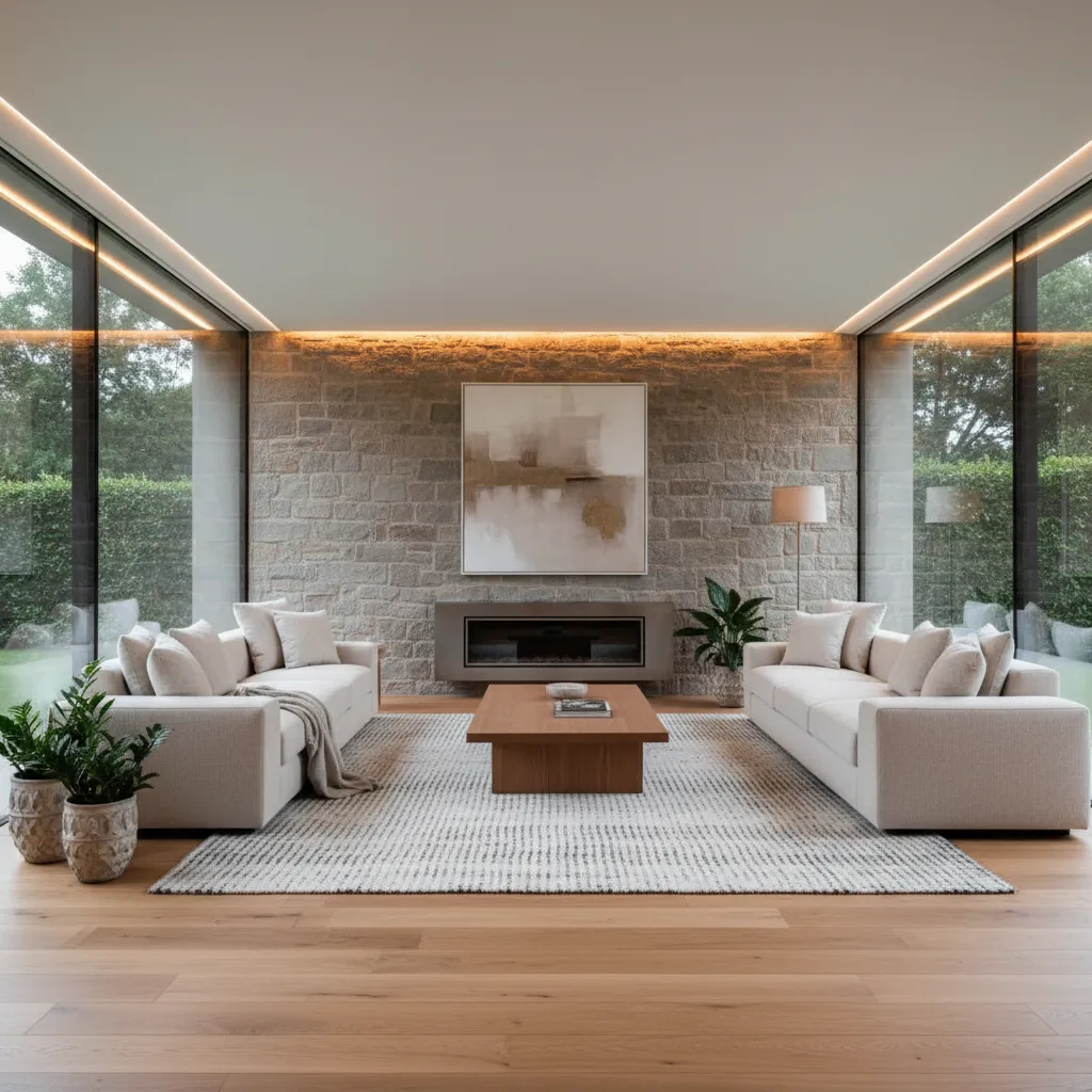 Salón moderno con combinación de madera natural y piedra