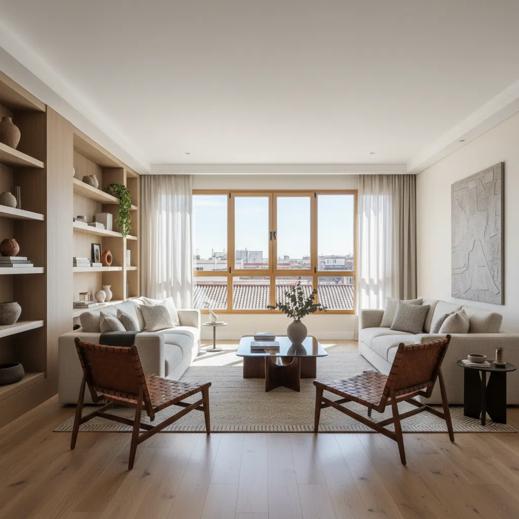 Salón de apartamento madrileño con diseño contemporáneo y mobiliario elegante