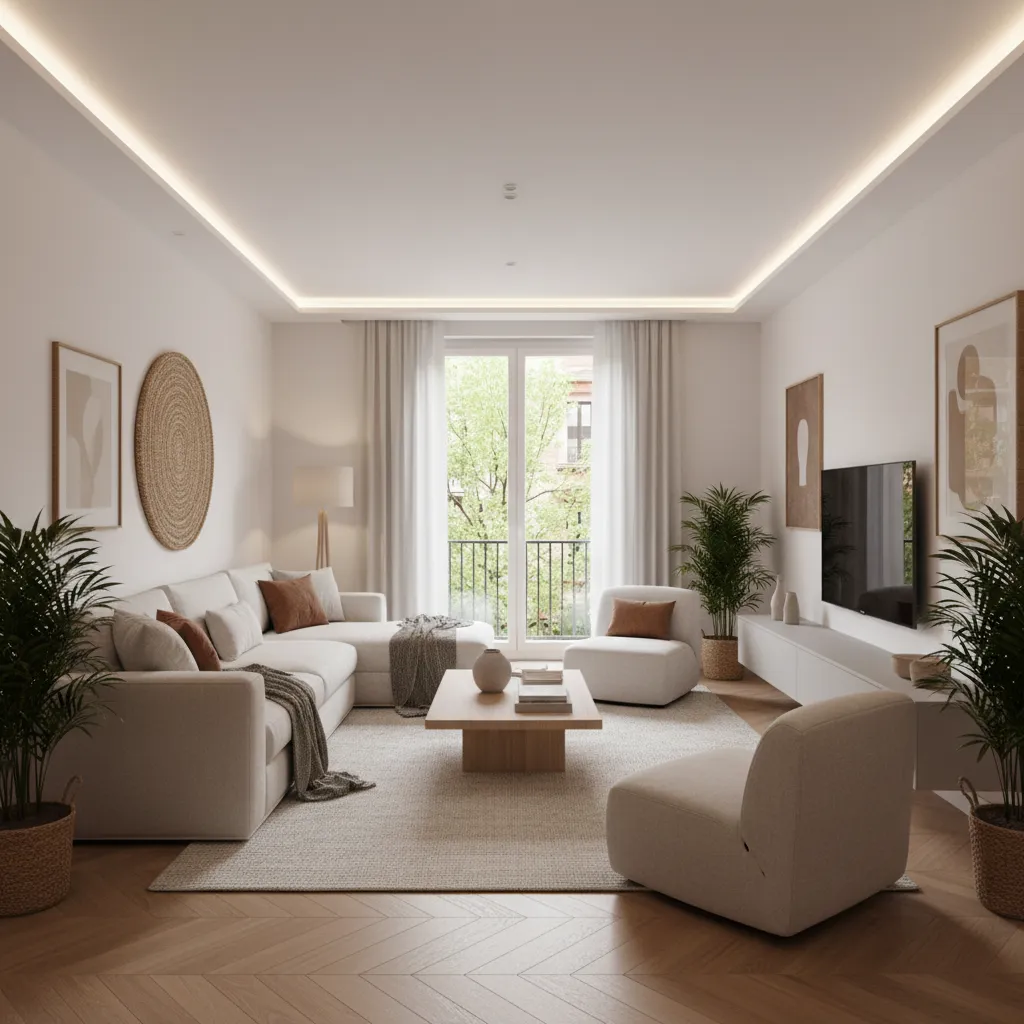 Salón de apartamento en Madrid con distribución optimizada y muebles modernos