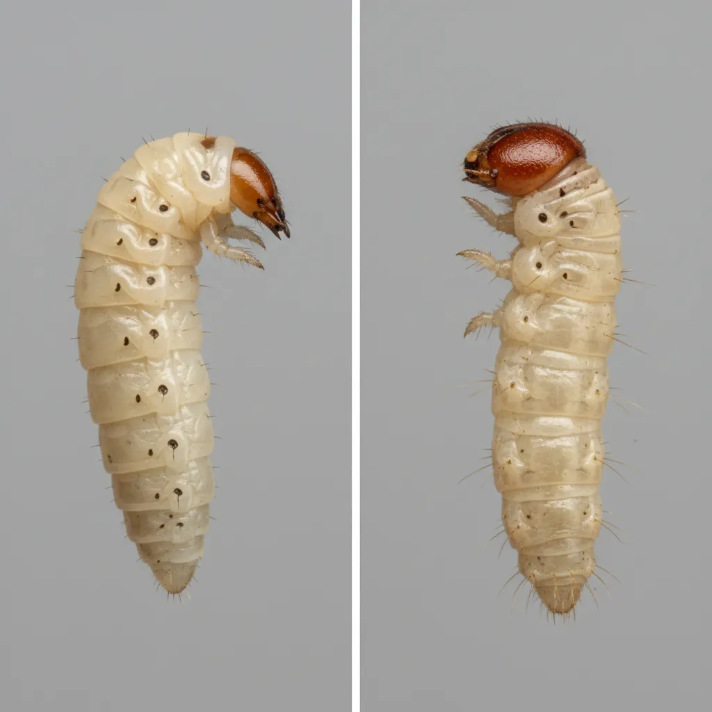 Side by side comparison of maggots and pantry moth larvae