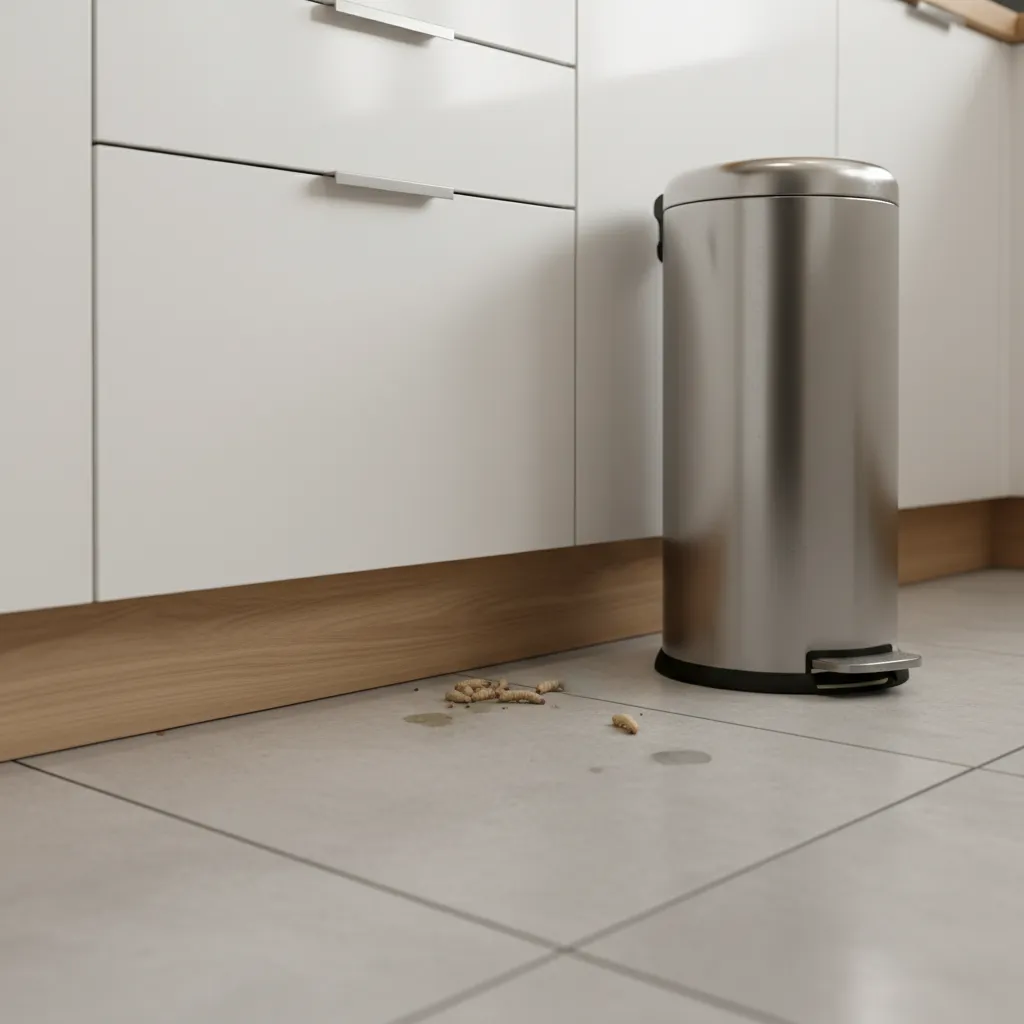 White maggots appearing near kitchen trash bin on floor
