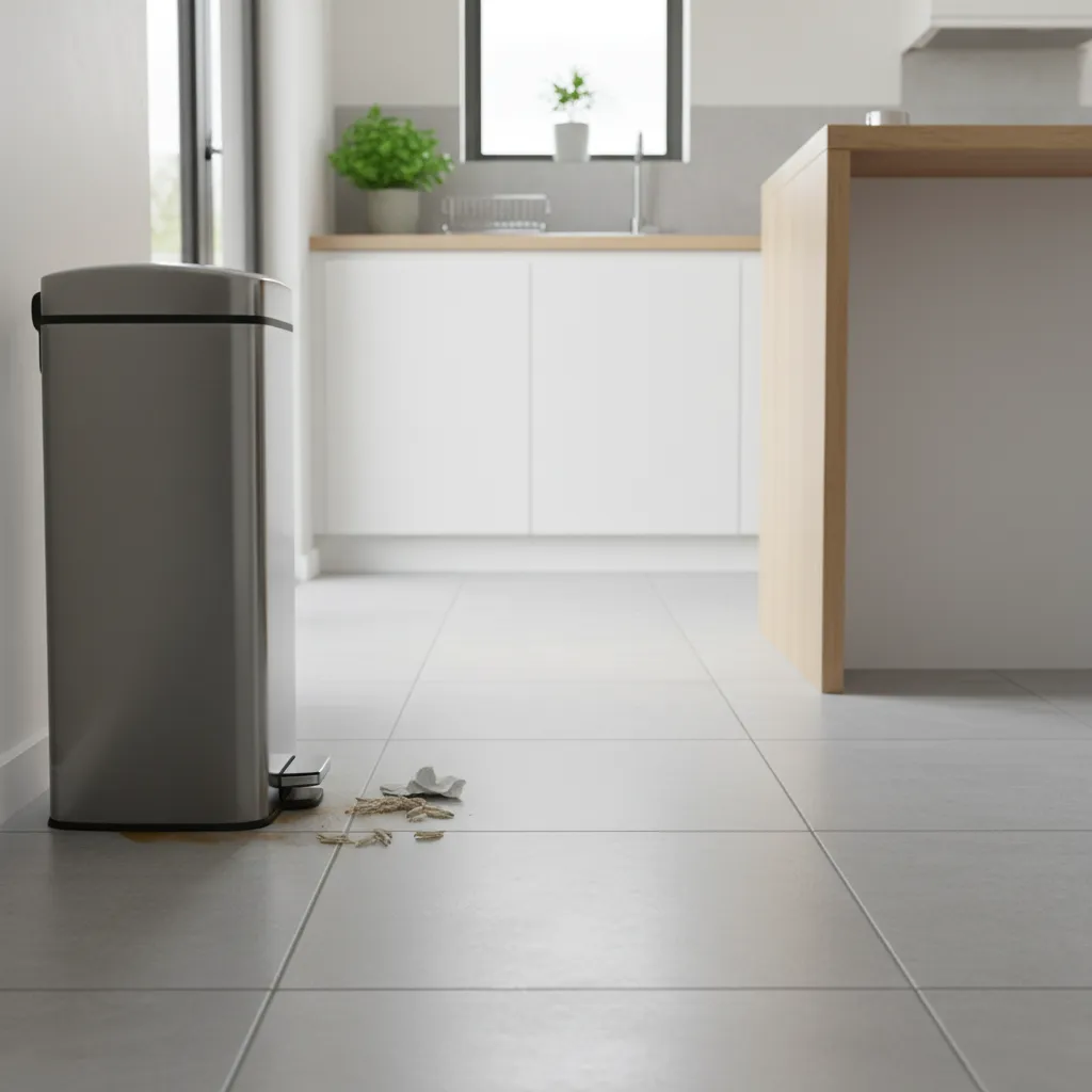 Small maggots appearing near a kitchen trash bin on tile floor