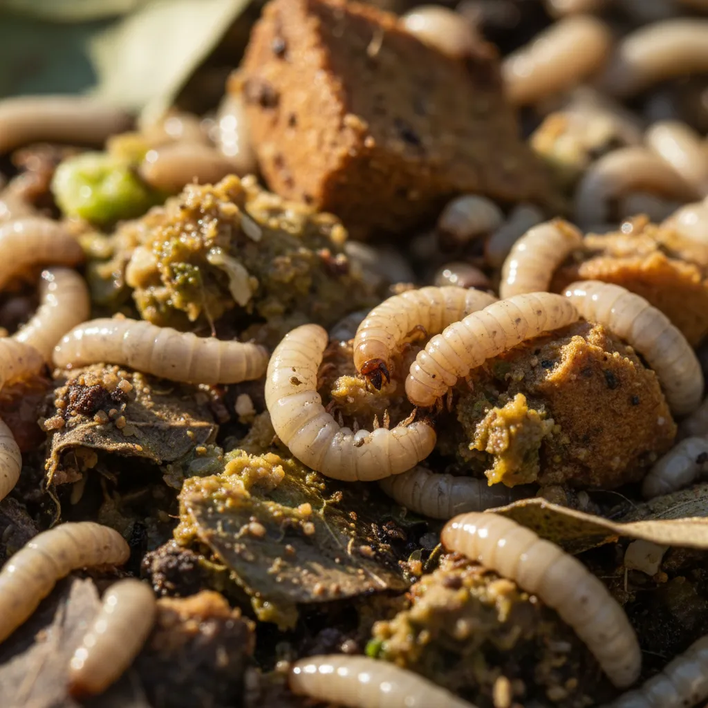 cluster of maggots near decomposing food waste