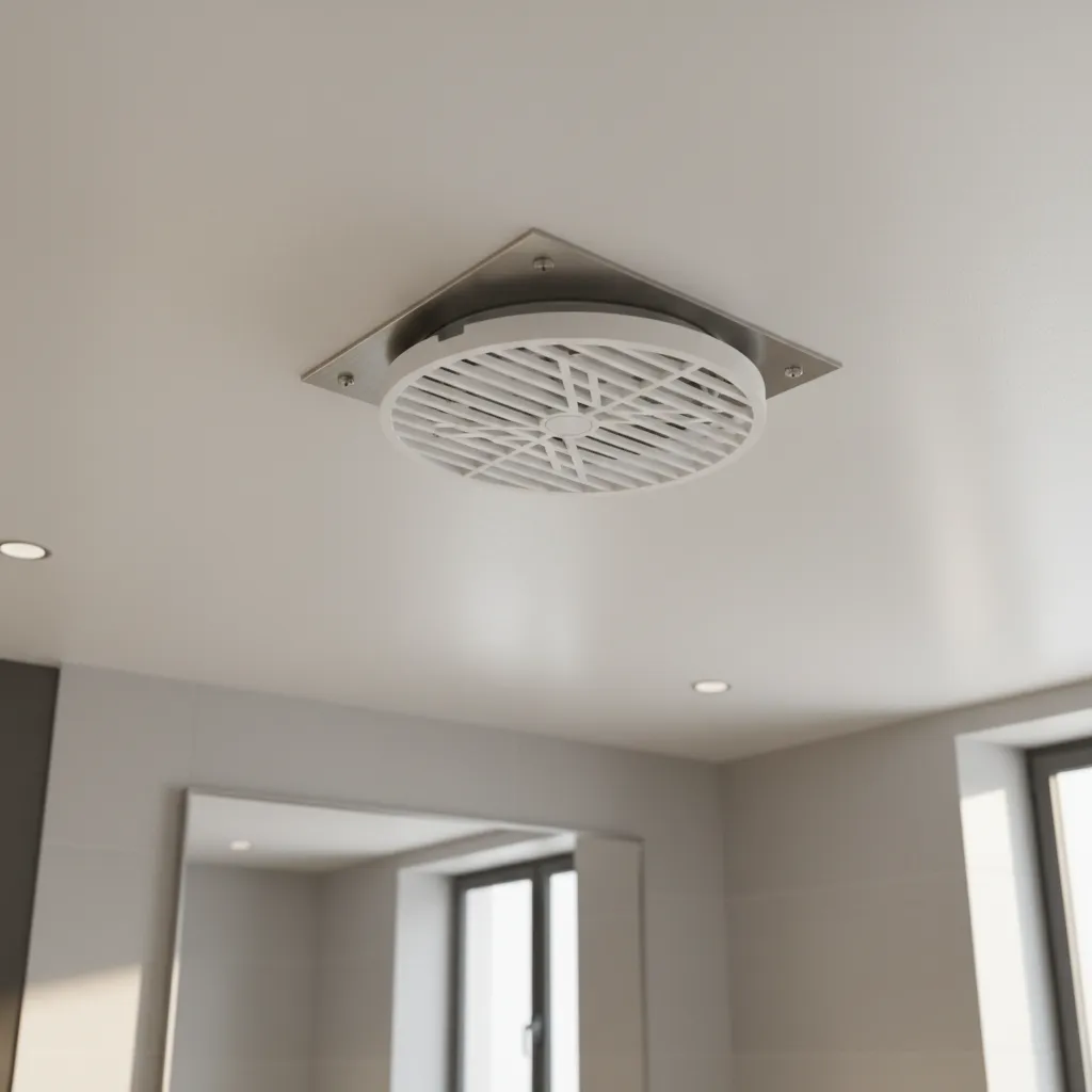 Magnetic round bathroom fan cover attaching to a metal mounting plate