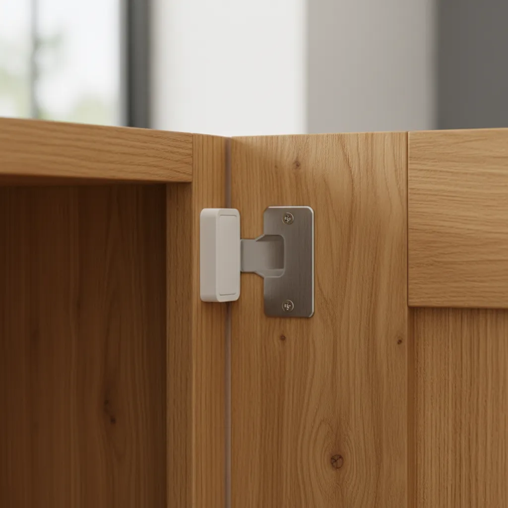 Magnetic cabinet door catch installed on a wooden cabinet frame with metal strike plate on the door