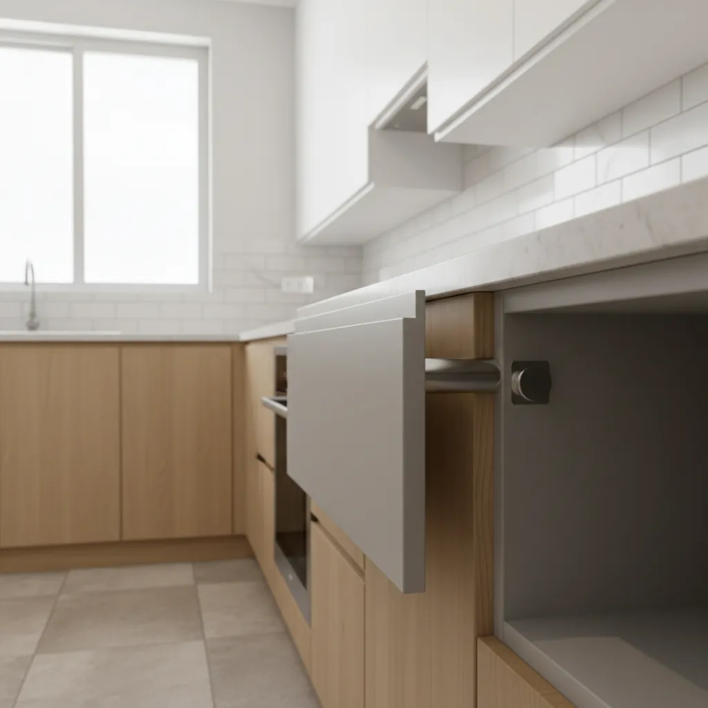 Demonstration of magnetic cabinet catch strength holding a cabinet door closed