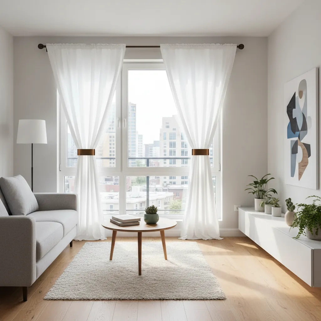 curtains secured with modern magnetic holdbacks in a small living room