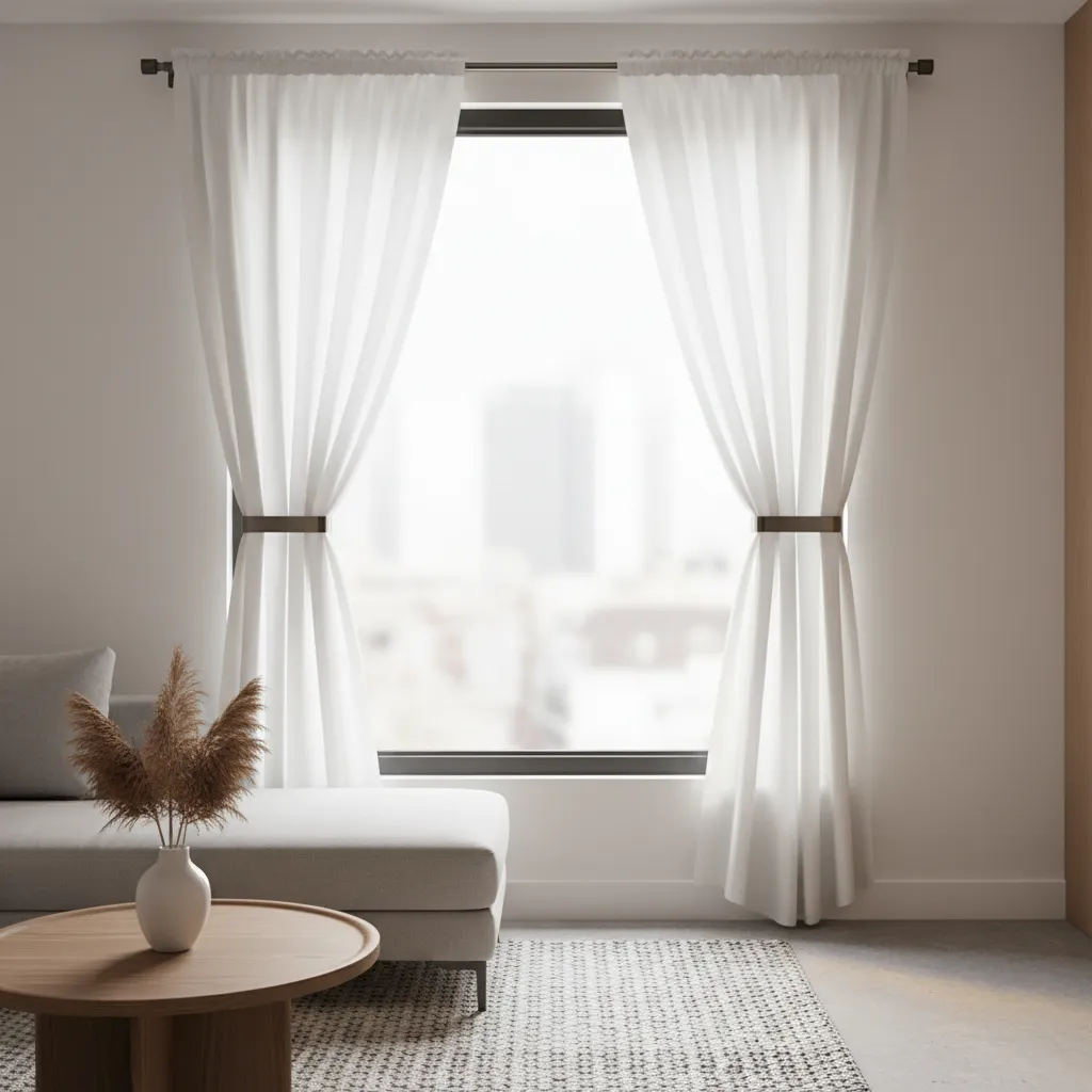 Light curtains tied with magnetic tie backs in a small apartment living room window