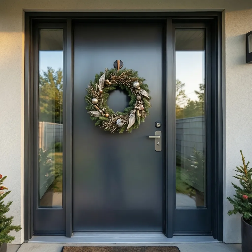 Magnetic hook holding wreath on a metal front door