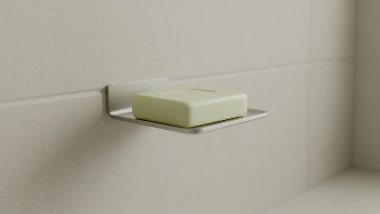 Magnetic soap holder suspending bar soap on bathroom wall