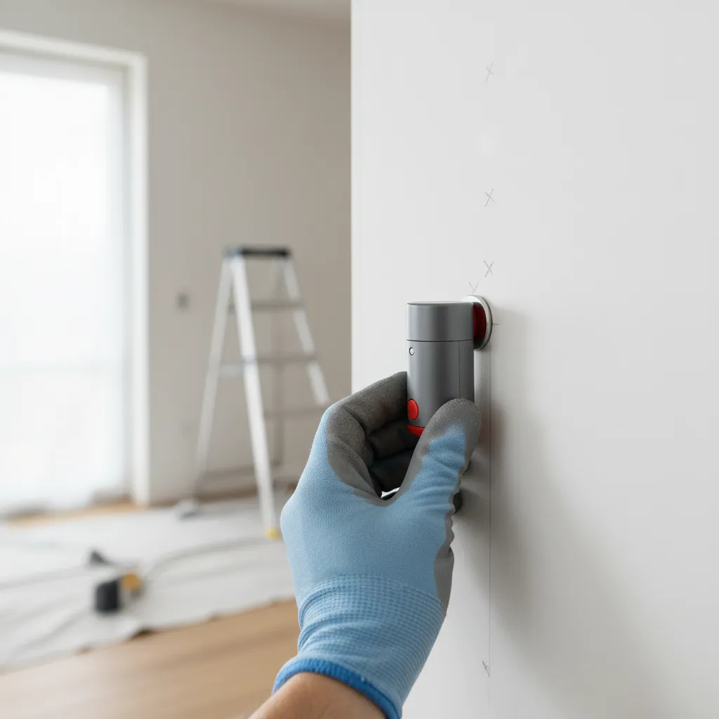 Magnetic stud finder detecting drywall screw line on wall