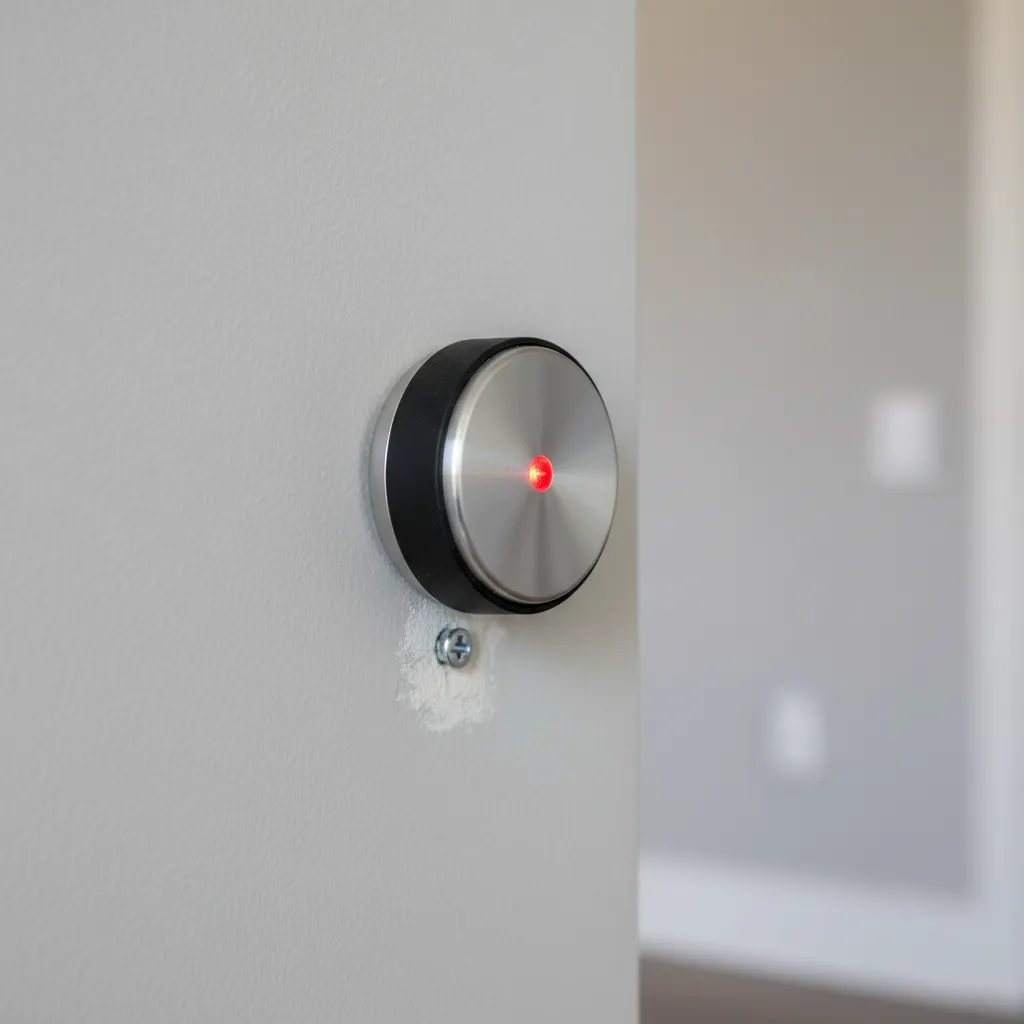 Magnetic stud finder locating drywall screw in wall