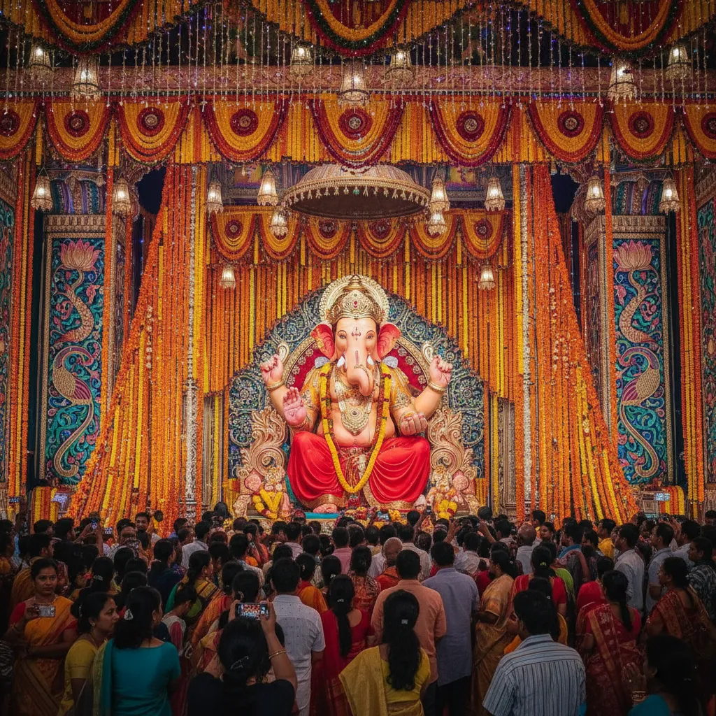 Large Ganesh idol in decorated Maharashtra festival pandal