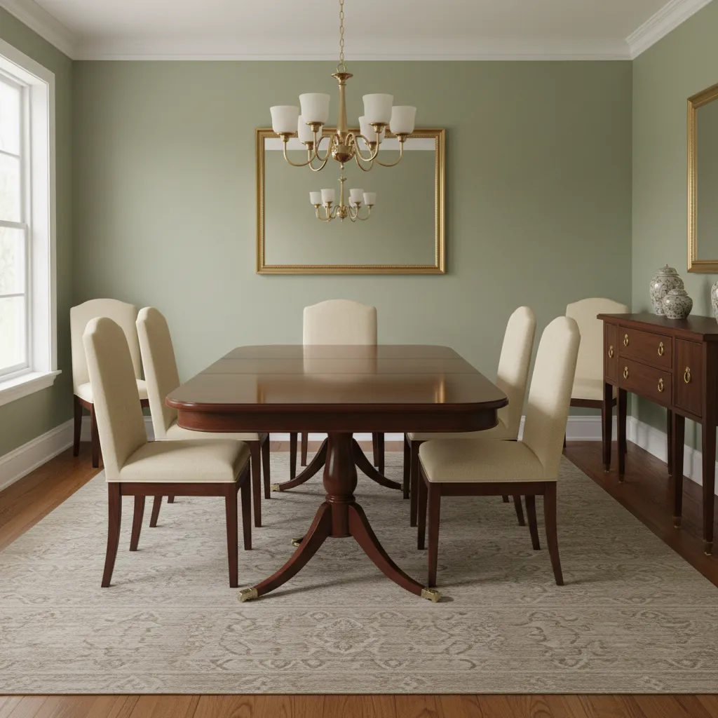 Mahogany dining table paired with sage green walls and neutral textiles