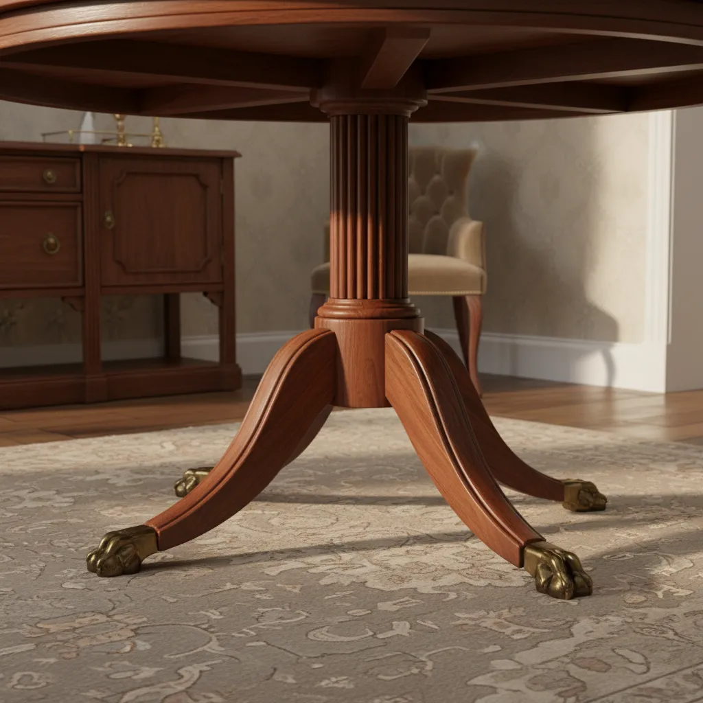 Close view of Duncan Phyfe mahogany dining table in traditional dining room