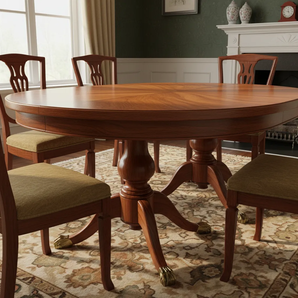 Close view of a mahogany Duncan Phyfe dining table showing wood tone and craftsmanship