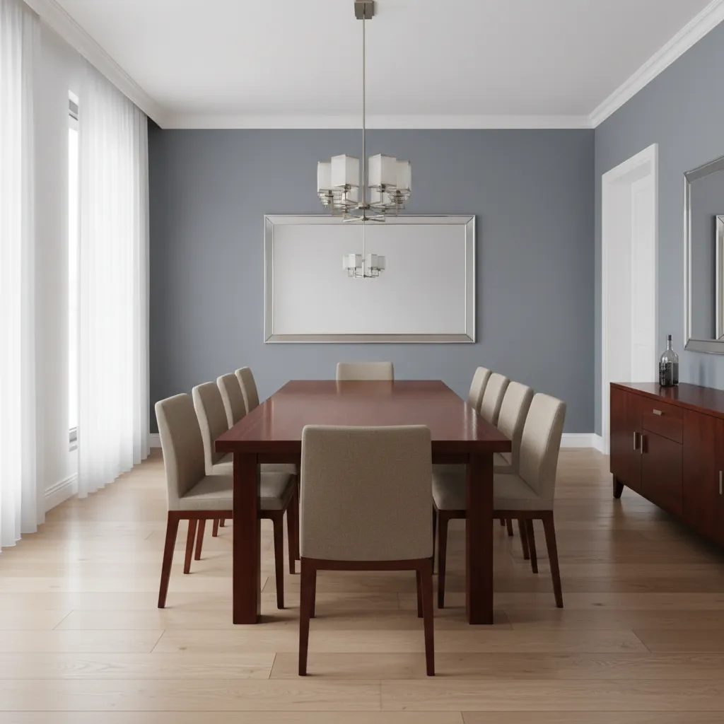 Dining room showing mahogany table clashing with cool gray wall paint