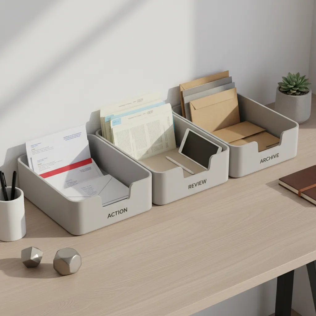 mail sorting trays labeled action review and archive