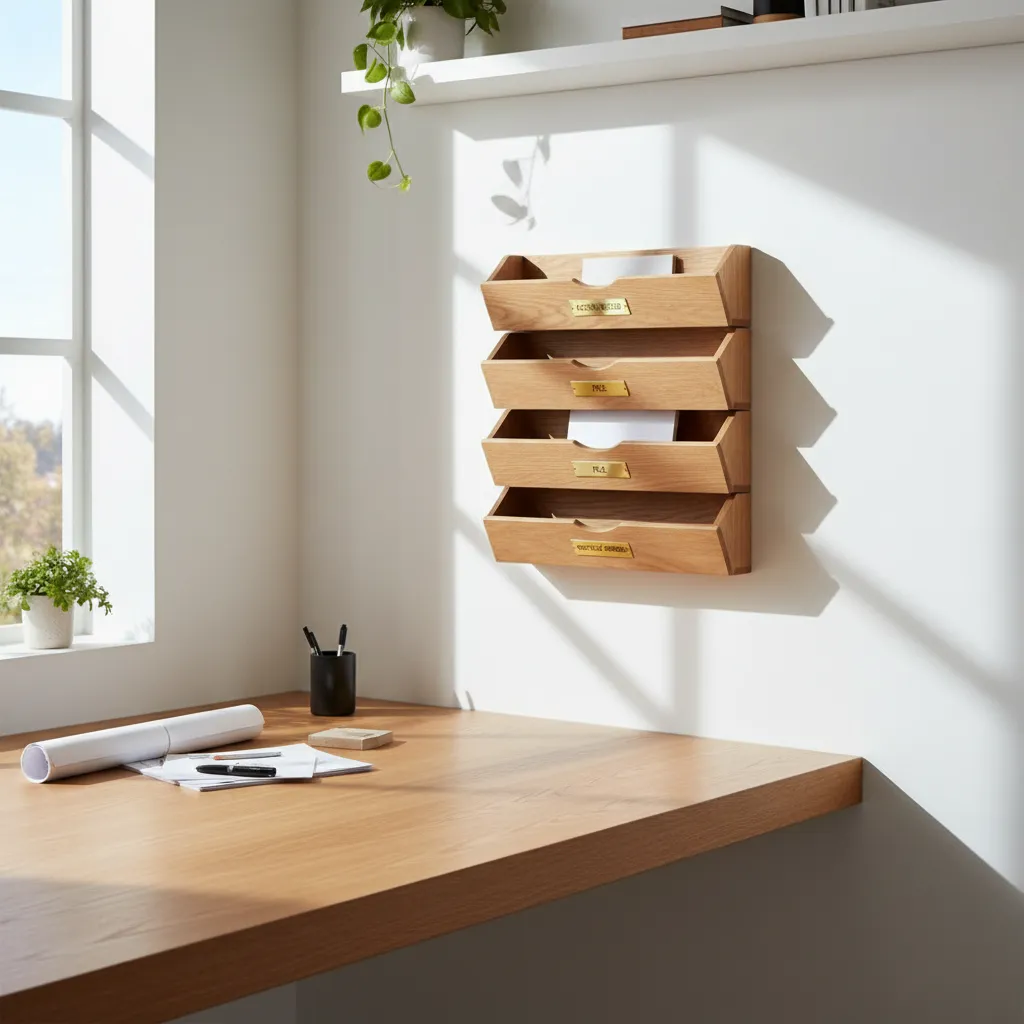 organized wall mounted mail station with three trays labeled action file recycle