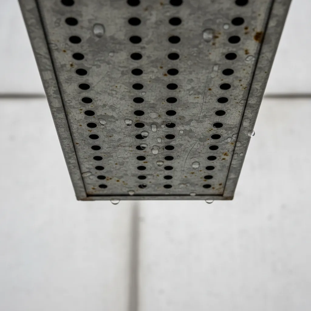 Close up of drainage holes drilled at the bottom of a metal mailbox