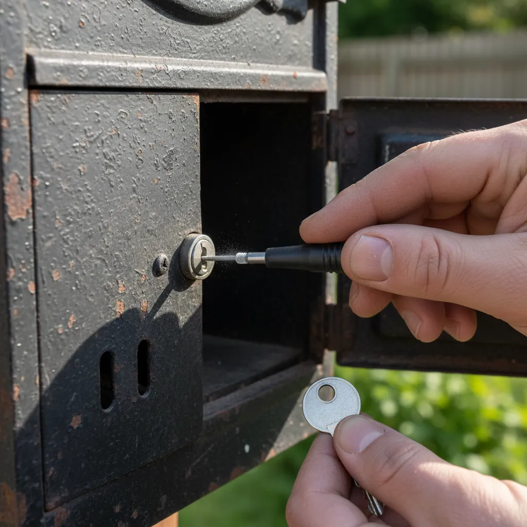 hand lubricating a stuck mailbox lock