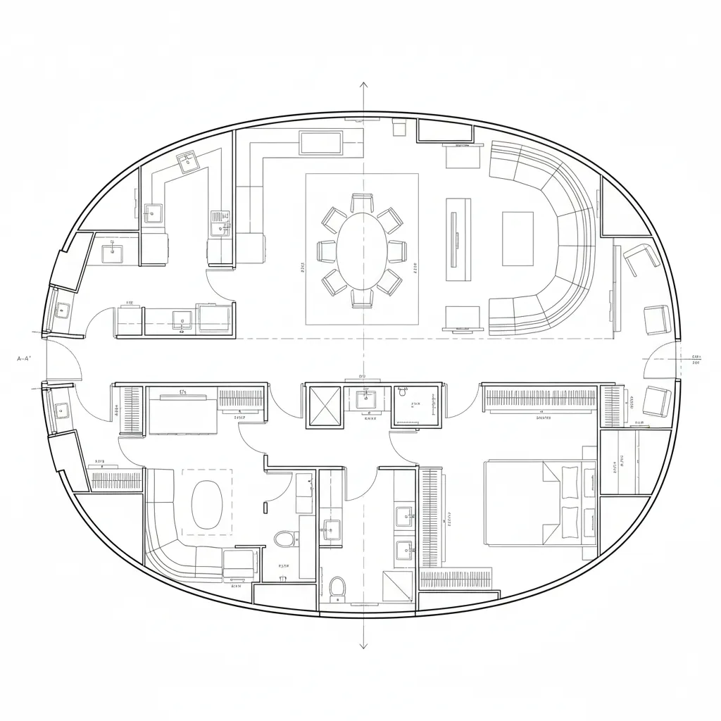 Detailed oval interior design drawing showing a bedroom kitchen dining area and a living room