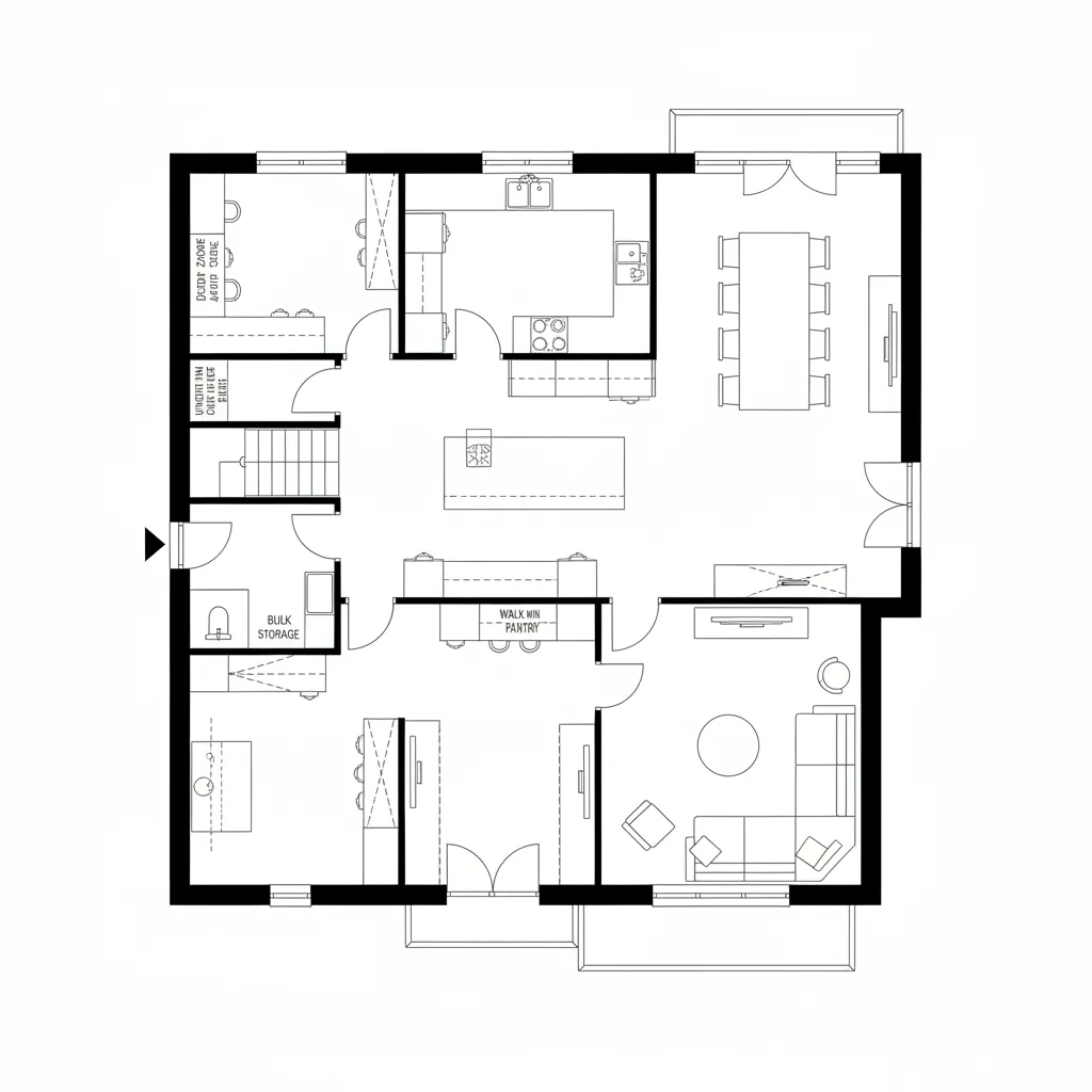Detailed main floor plan showing living room sofa kitchen island plus a large dining room table