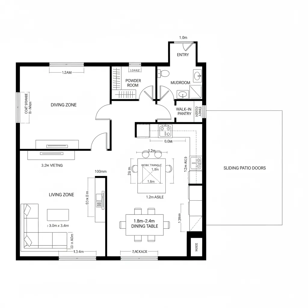 Top-down CAD plan of an open living and dining core with kitchen and service spine