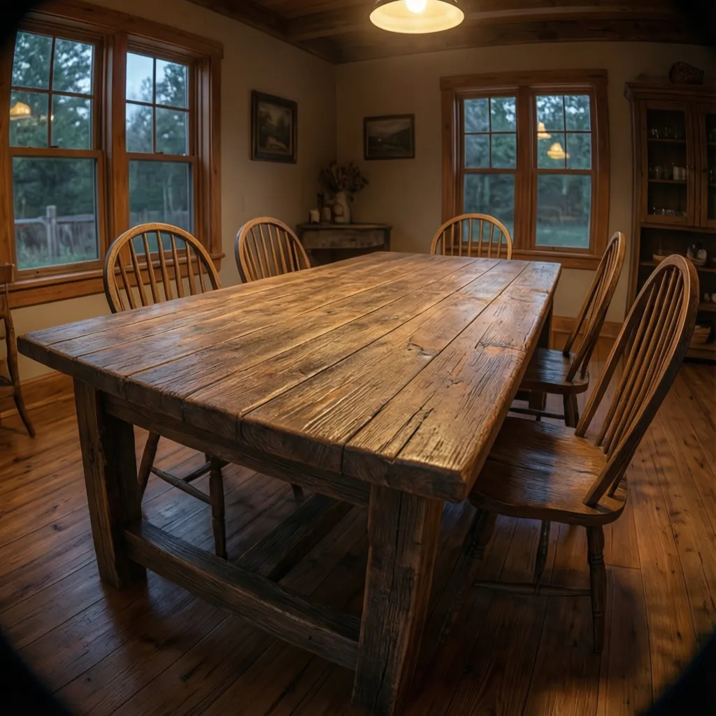 Rustic dark wood dining table with wooden chairs in a warm room with large windows
