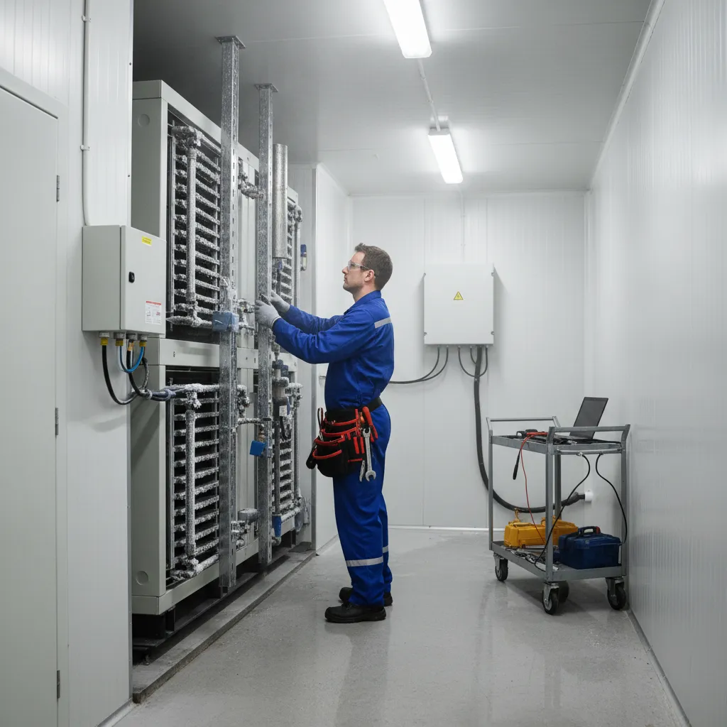 Technician inspecting cold room refrigeration system in sports facility