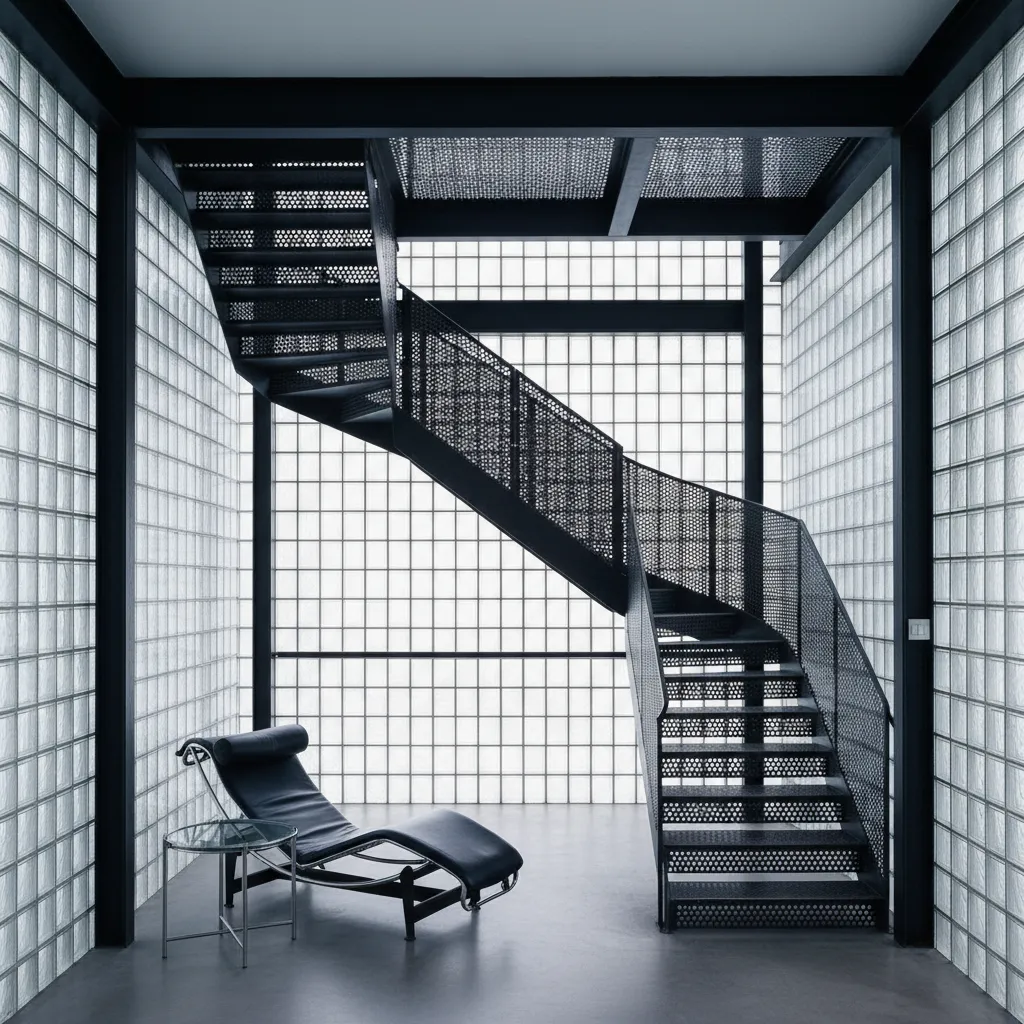 Escalera metálica dentro de la Casa de Cristal