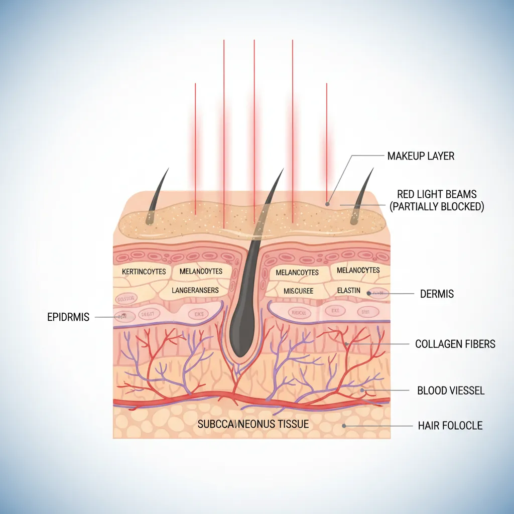 Illustration showing makeup layer blocking red light from reaching skin