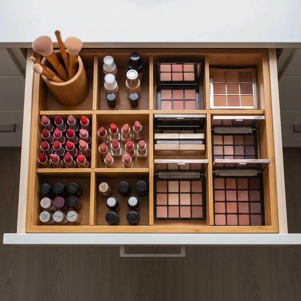 Vanity drawer with bamboo dividers organizing lipstick foundation and brushes