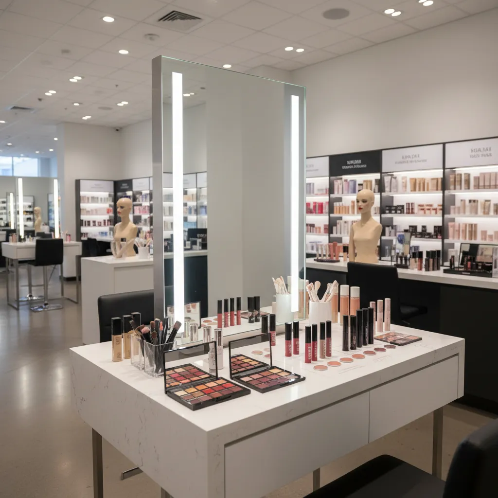 Makeup station with lighted mirror, cosmetic products on white table, and mannequin heads in background