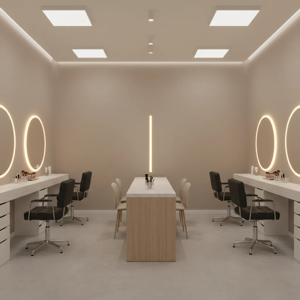Professional makeup studio interior with mirror stations and consultation seating