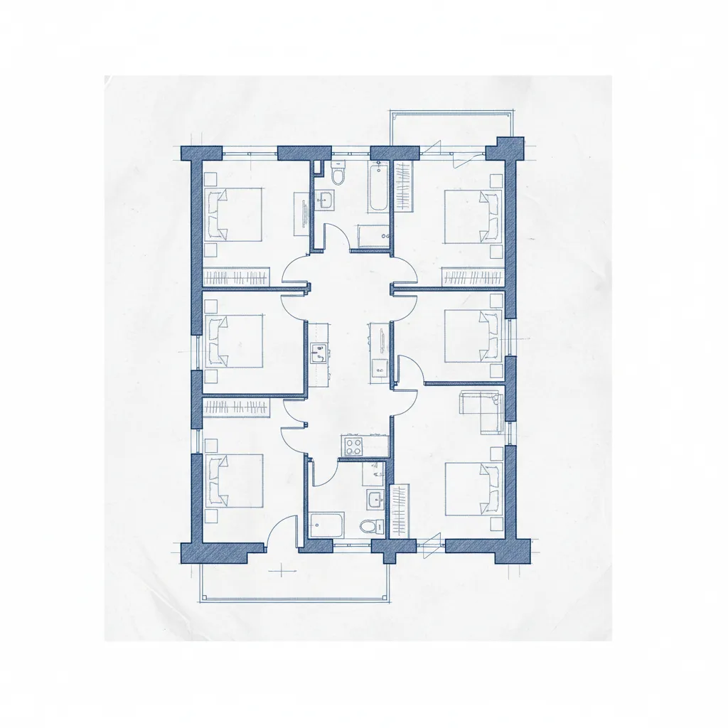 Plano de apartamento con pasillo largo y distribución poco eficiente