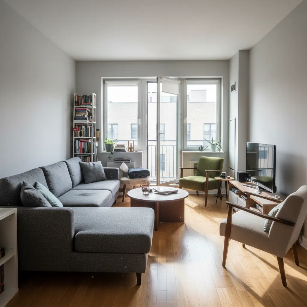 Salón con mala distribución donde el sofá bloquea el paso hacia una ventana