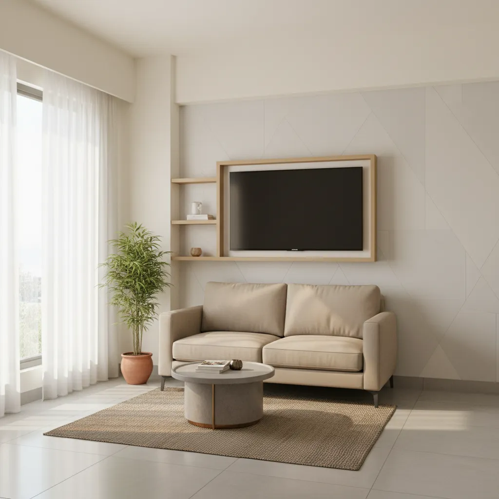 Small 1 BHK apartment living room layout with compact sofa and open space