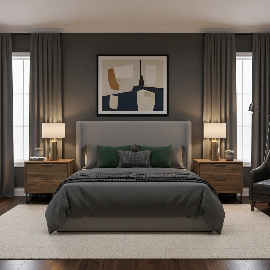 male bedroom with dark accent wall and large artwork above bed