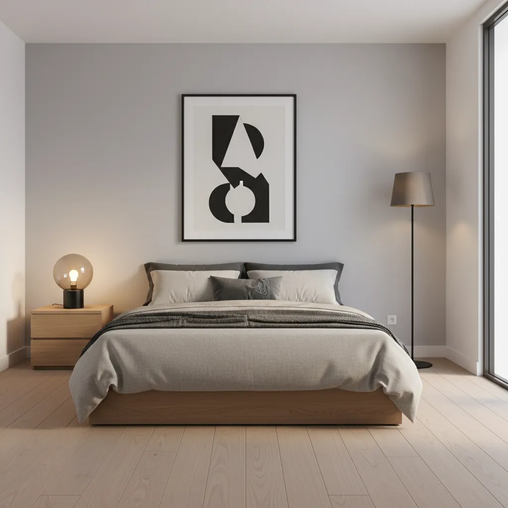 Minimal masculine bedroom layout with bed focal point and simple decor