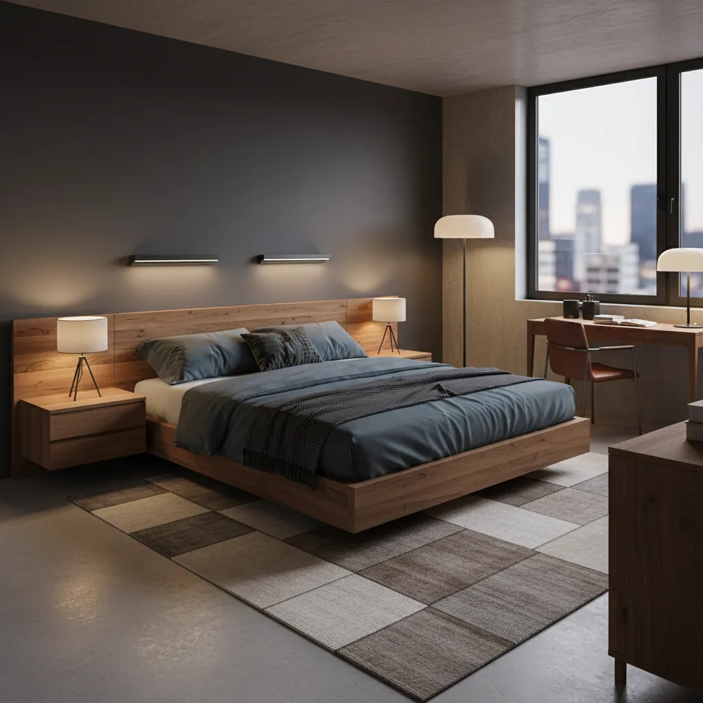 male bedroom with layered lighting including bedside lamps and floor lamp