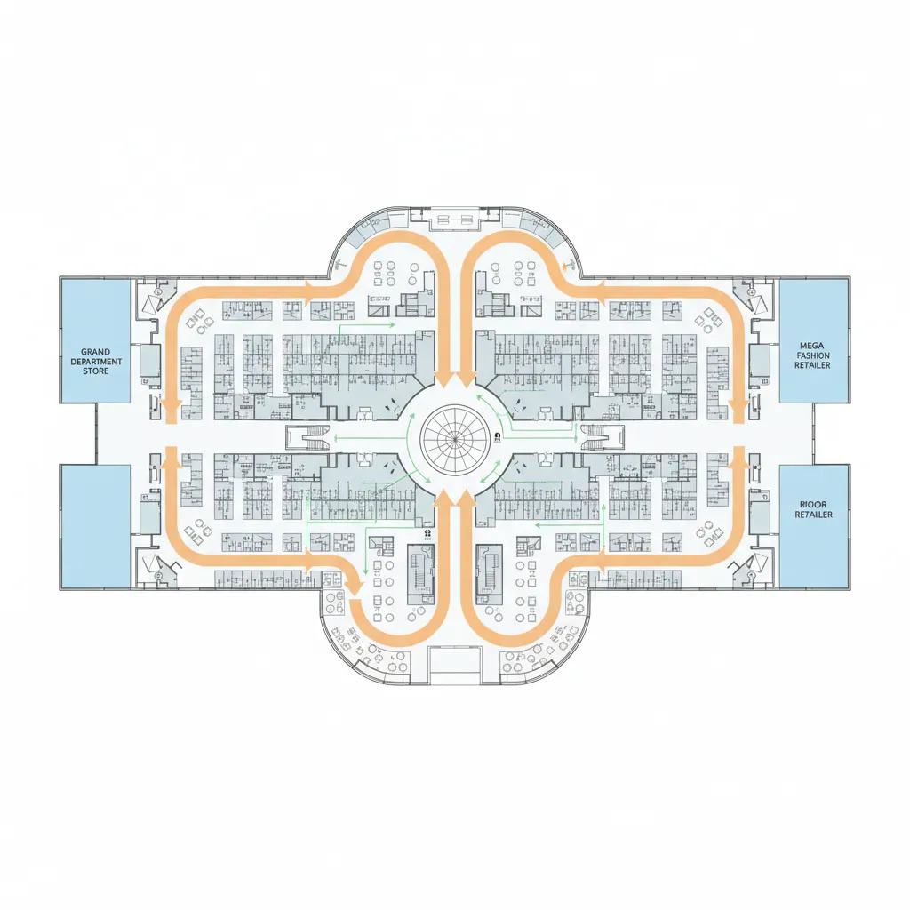 shopping mall floor plan diagram showing anchor store placement at corridor ends