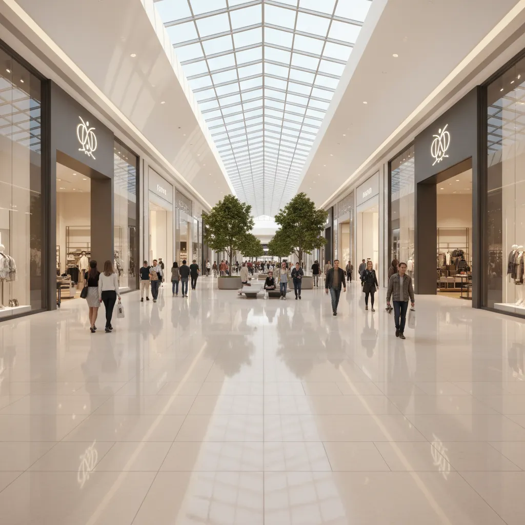 shopping mall interior showing anchor stores at opposite ends of corridor
