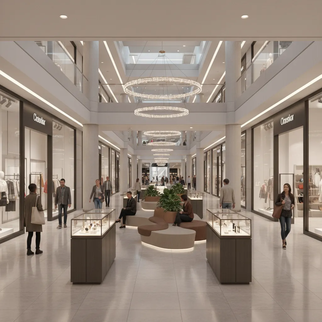 shopping mall corridor with kiosks seating and balanced walkway space