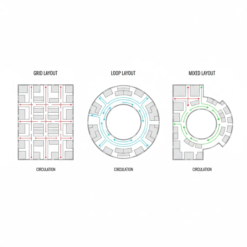 diagram style visualization comparing grid loop and mixed shopping mall layouts