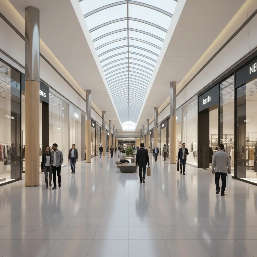 modern shopping mall main corridor with loop circulation path and storefronts