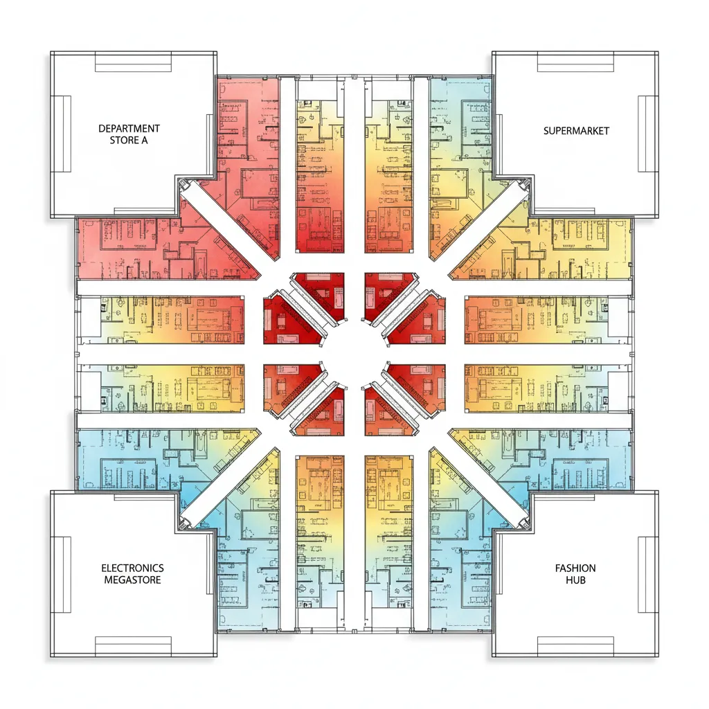 shopping mall floor plan with traffic heat map highlighting high and low visitor areas