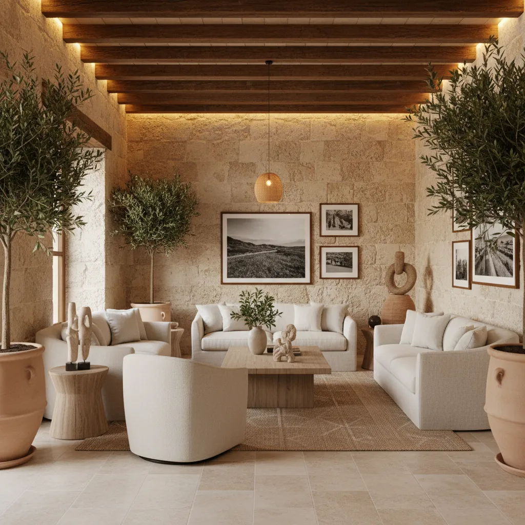 Lobby de hotel boutique en Mallorca con piedra, madera natural y iluminación cálida